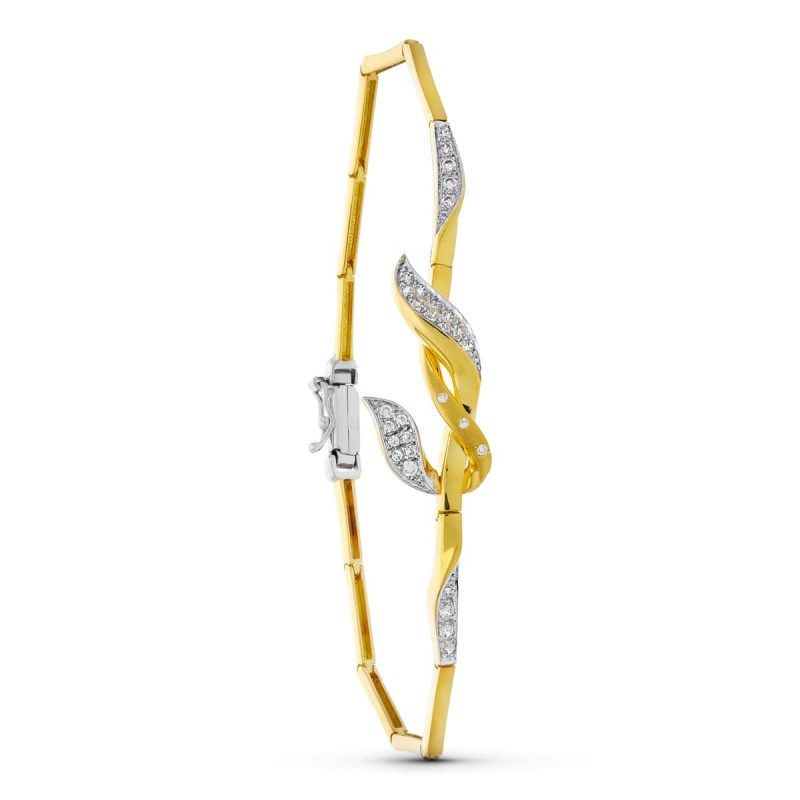 18K PULSERA ORO BICOLOR HOJAS Y CIRCONITA MATE Y BRILLO 19CM