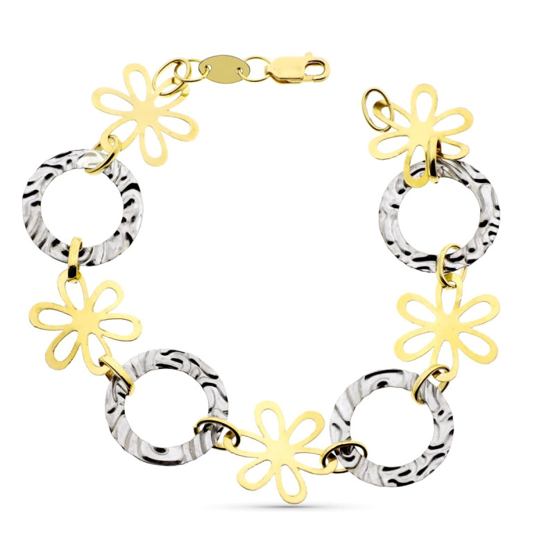 18K PULSERA ORO BICOLOR FLORES Y MOTIVOS REDONDOS CON ONDAS 20CM