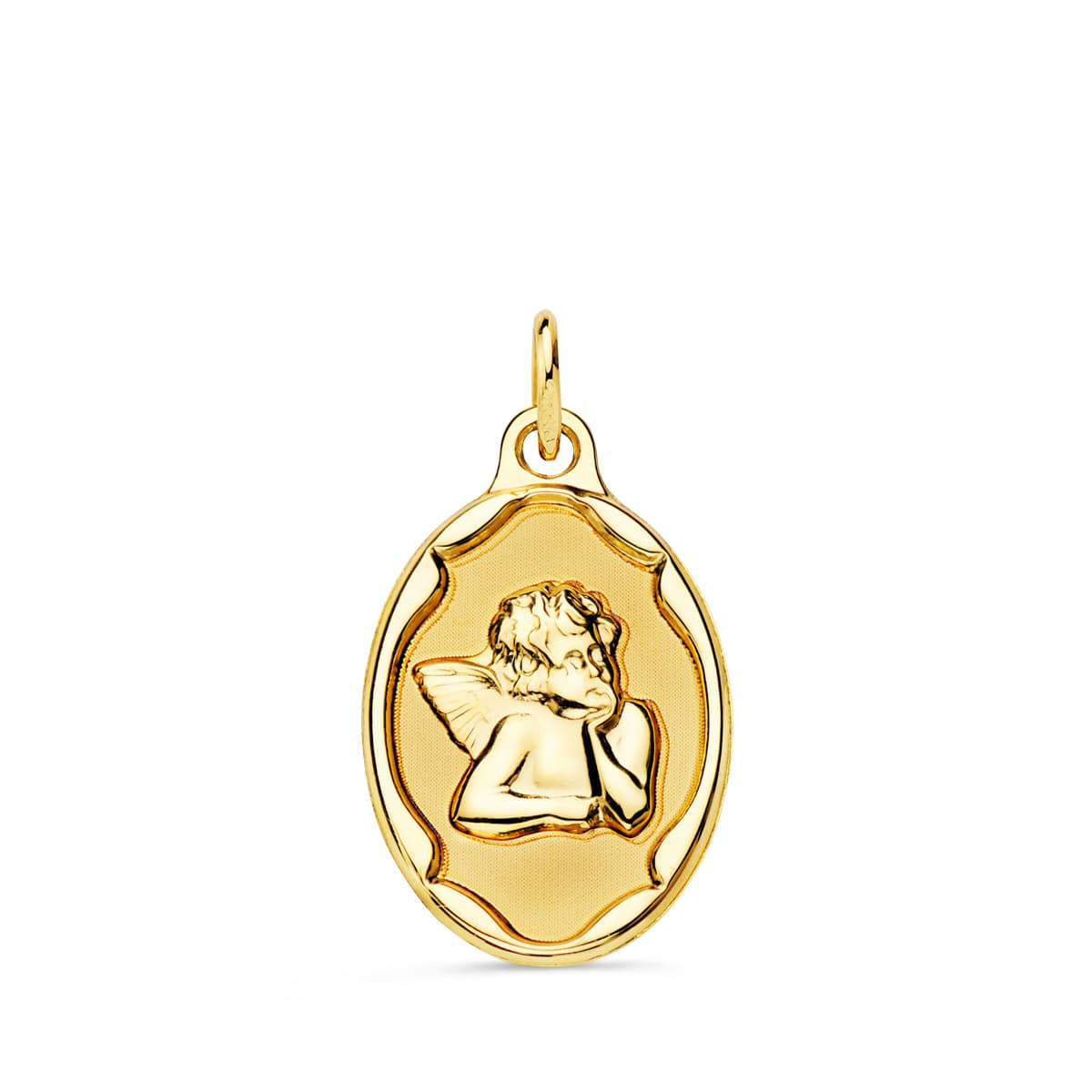 18K MEDALLA ORO AMARILLO OVAL ANGELITO BURLON BRILLO CON CERCO BRILLO 17X13 MM