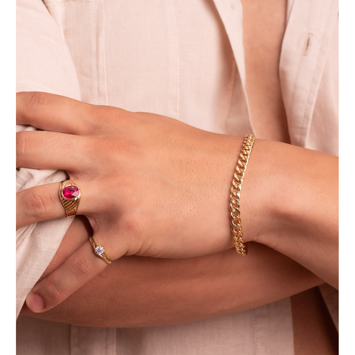 18K PULSERA ORO AMARILLO BARBADA HUECA ANCHO: 6MM LARGO: 20CM