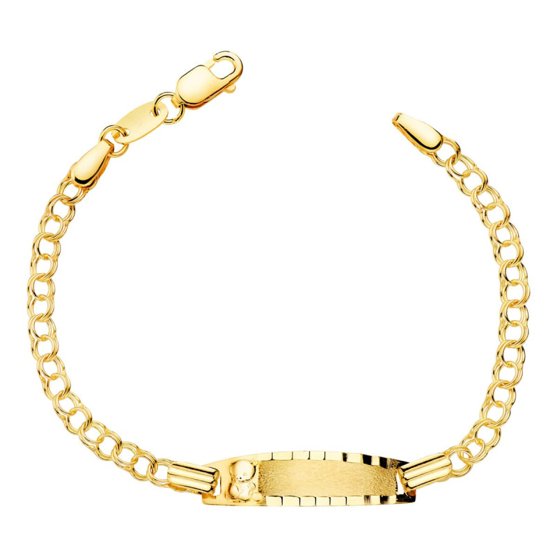 18K ESCLAVA BEBE ORO AMARILLO HUNGARINA PLACA CHAPA MATE CON OSO 20X5 MM 13CM