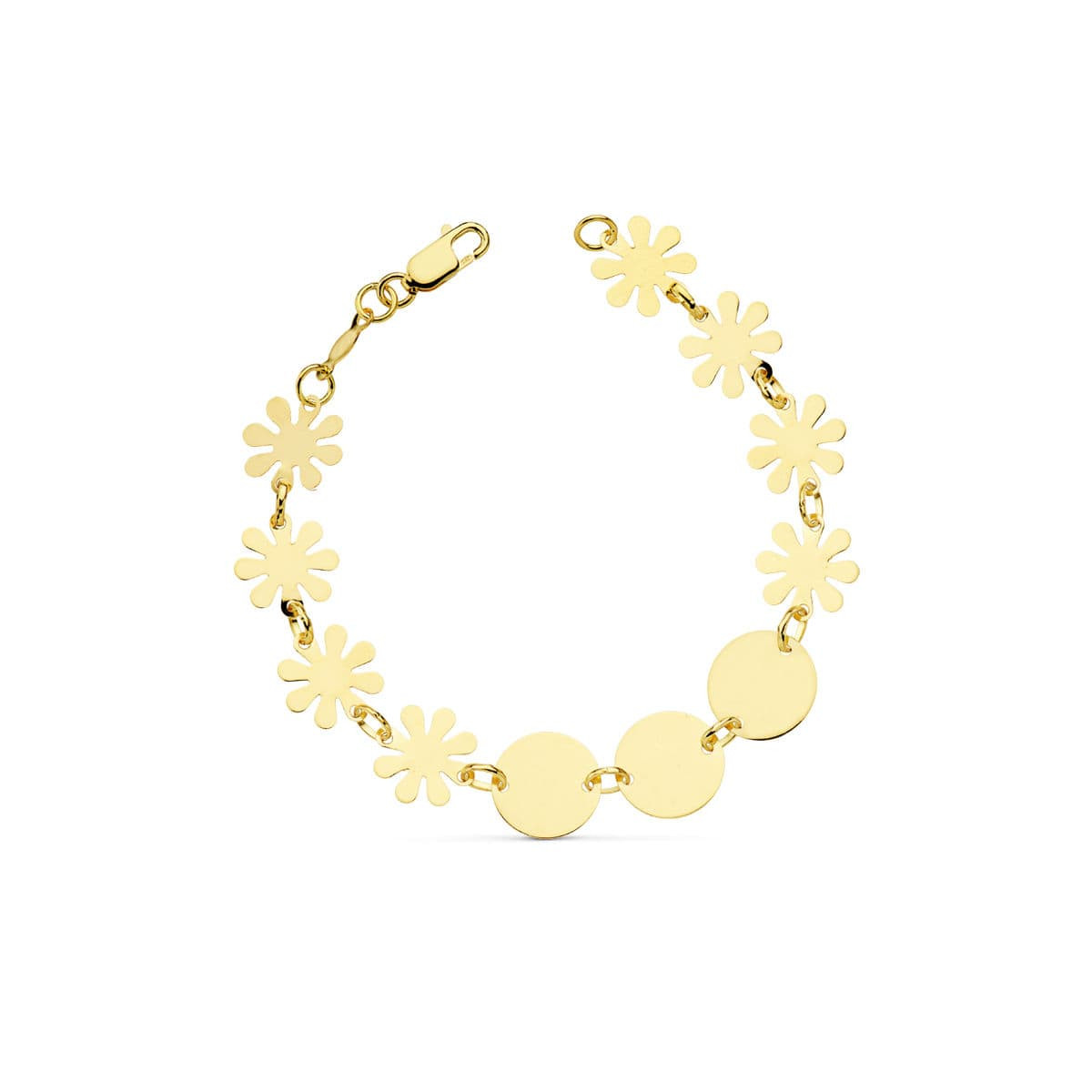 18K PULSERA ORO AMARILLO  FLORES Y PLACA CHAPA 18.5 CM