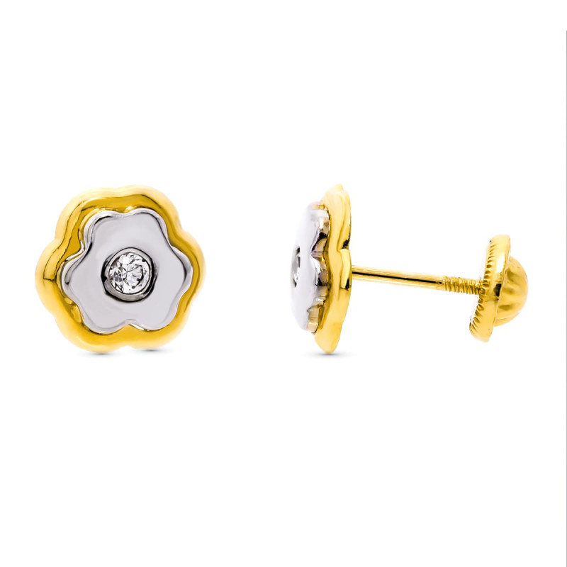 18K PENDIENTES ORO BICOLOR TREBOL. 8X8 MM CIERRE TUERCA