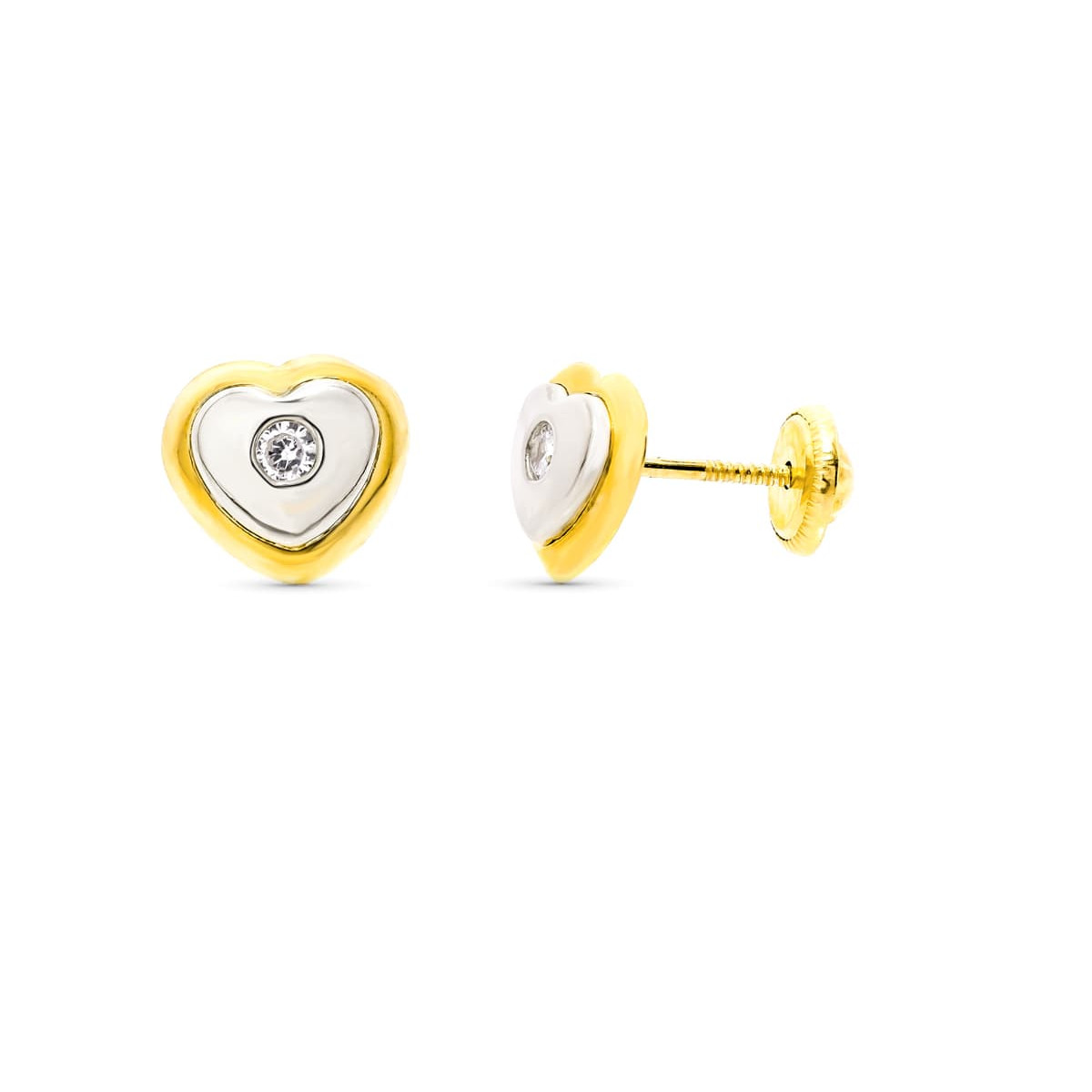 18K PENDIENTES ORO BICOLOR CORAZON 8X7 MM CIERRE TUERCA
