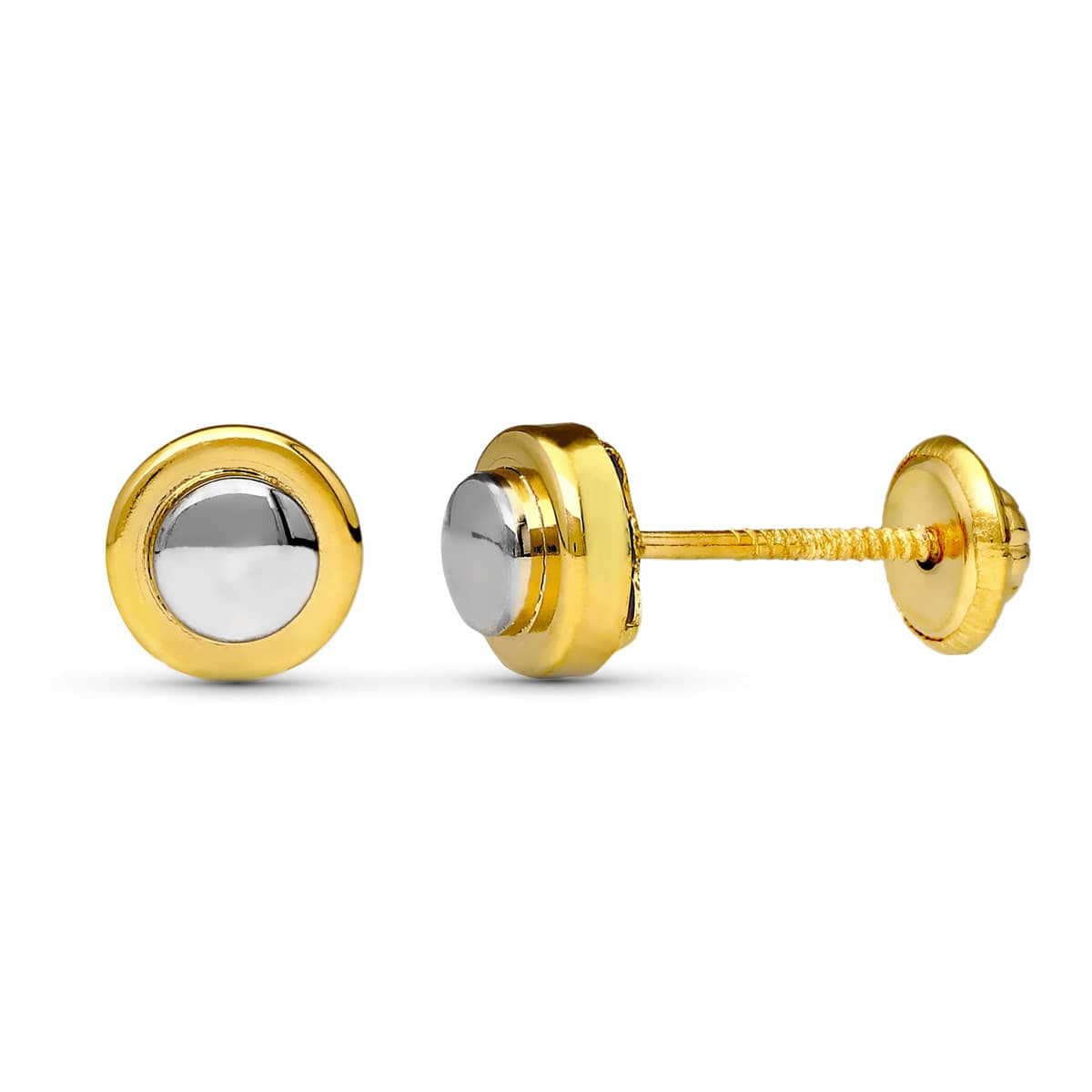 18K PENDIENTES ORO BICOLOR REDONDOS 6 MM CIERRE TUERCA