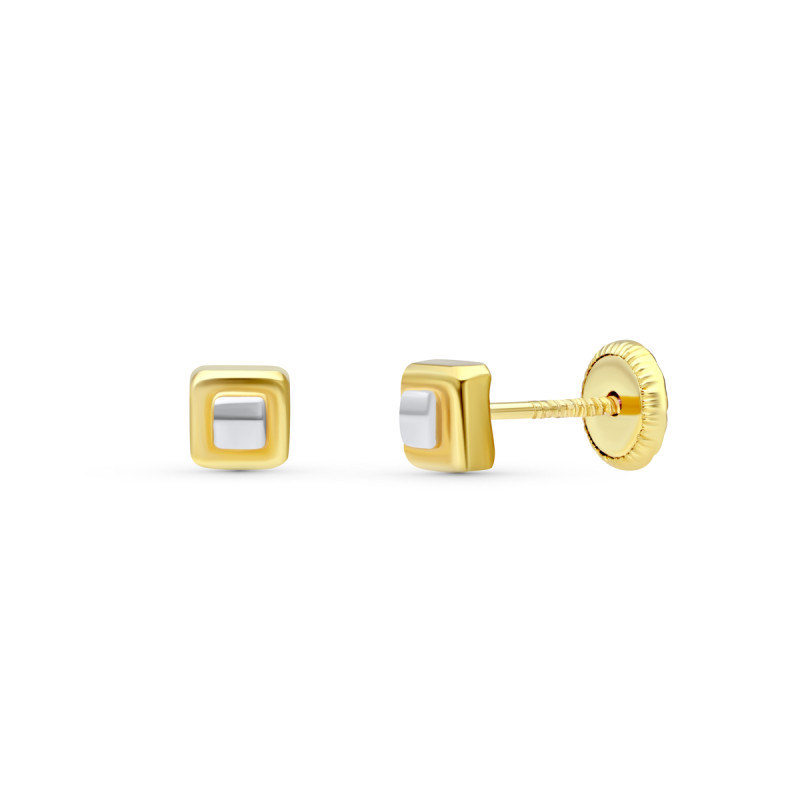 18K PENDIENTES ORO BICOLOR CUADRADOS 4X4 MM