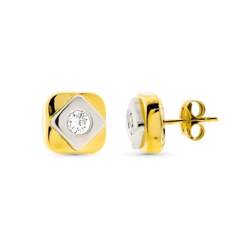 18K PENDIENTES ORO BICOLOR CUADRADOS 8X8 MM CIERRE A PRESION