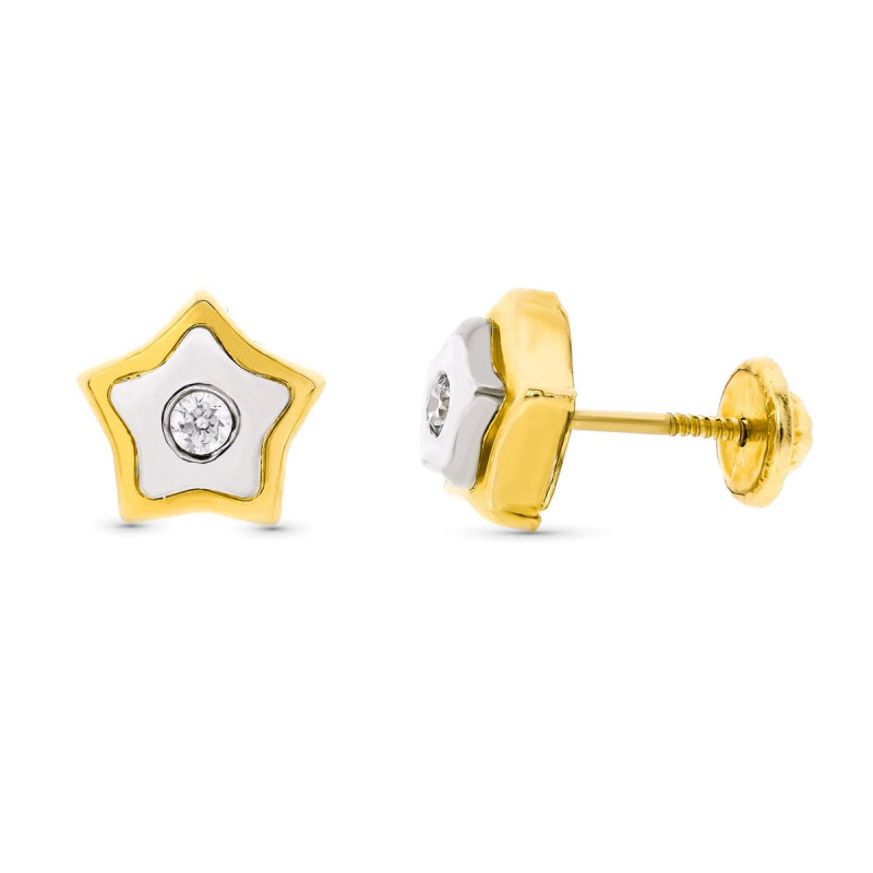 18K PENDIENTES ORO BICOLOR ESTRELLA 8X8 MM CIERRE TUERCA