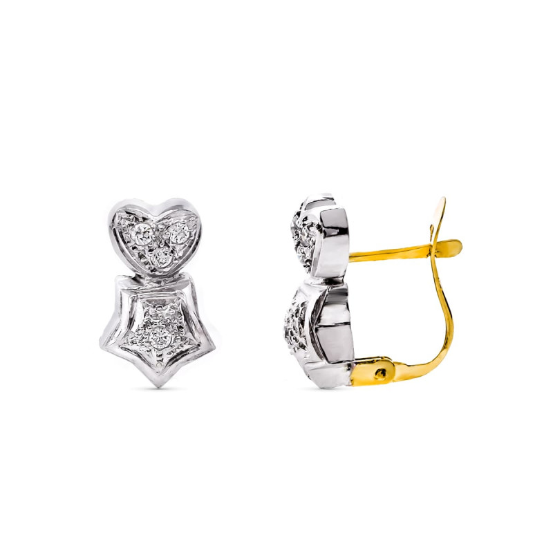 18K PENDIENTES ORO BICOLOR CORAZON Y ESTRELLA CON CIRCONITA 13X8 MM CIERRE CATALÁN