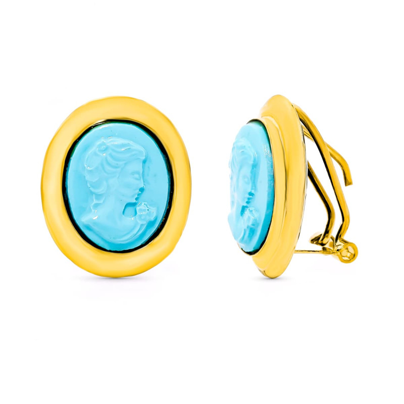 18K PENDIENTES ORO AMARILLO CAMAFEO TURQUESA CIERRE CATALÁN