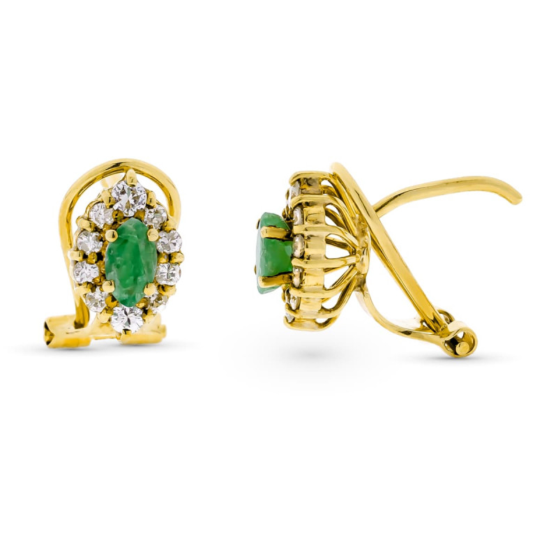 18K PENDIENTES ORO AMARILLO ORLA DIAMANTES TALLA BRILLANTE Y ESMERALDA 9X8 M CIERRE OMEGA