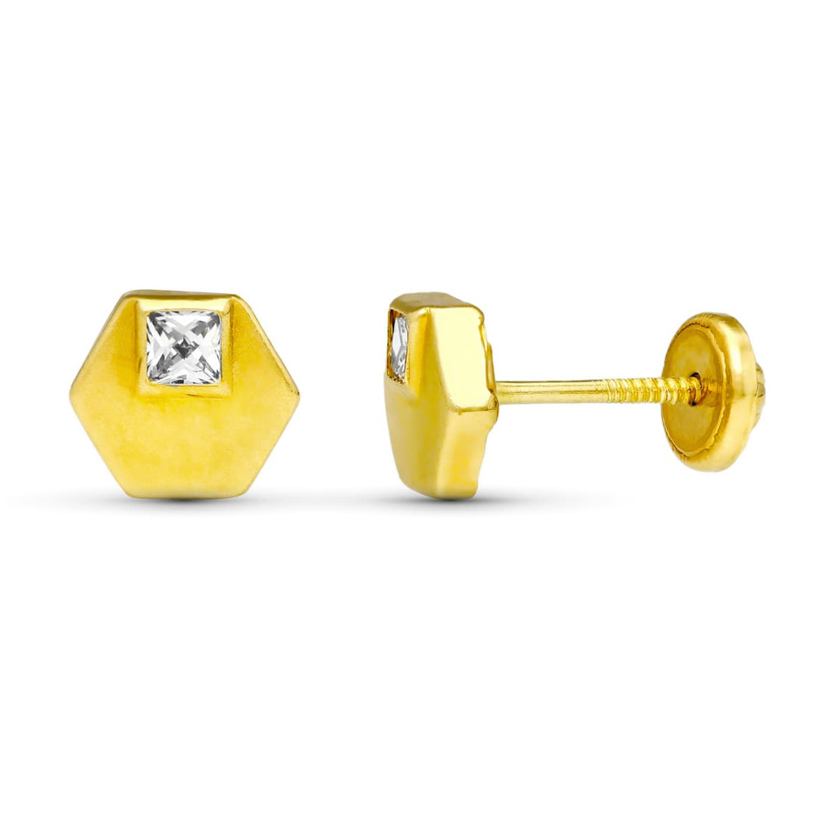 18K PENDIENTES ORO AMARILLO HEXAGONO. 6X6 MM CIERRE TUERCA