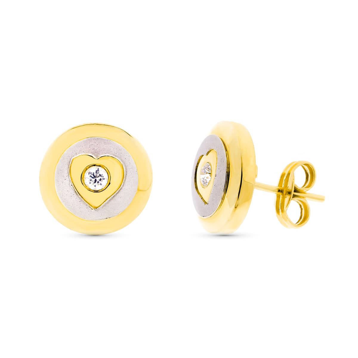 18K PENDIENTES ORO BICOLOR MATE Y BRILLO REDONDOS 11 MM CIERRE A PRESIÓN