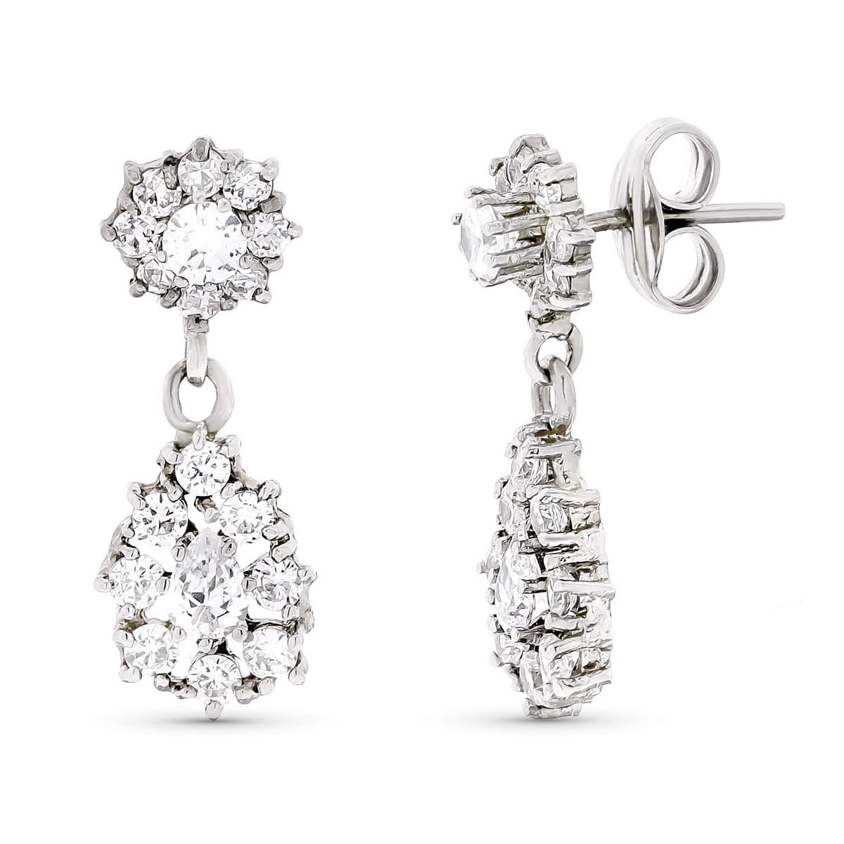 18K PENDIENTES ORO BLANCO LARGOS CIRCONITA 21X8 MM CIERRE A PRESIÓN