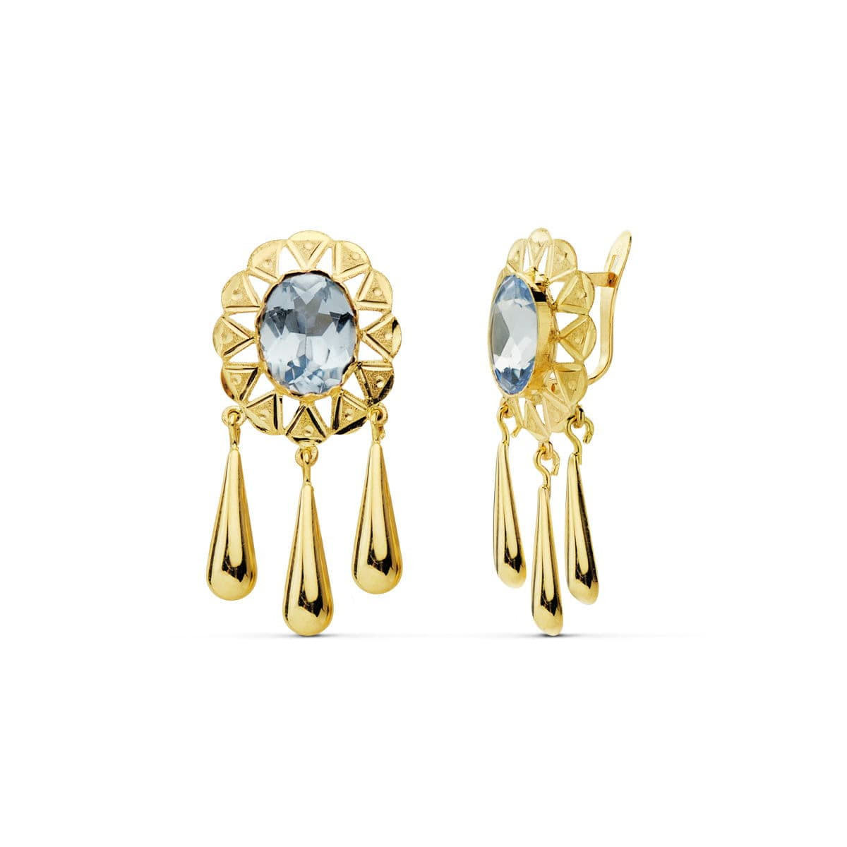 18K PENDIENTES ORO AMARILLO CUBANAS PIEDRA OVAL 10X8 MM LAGRIMAS CIERRE CATALÁN