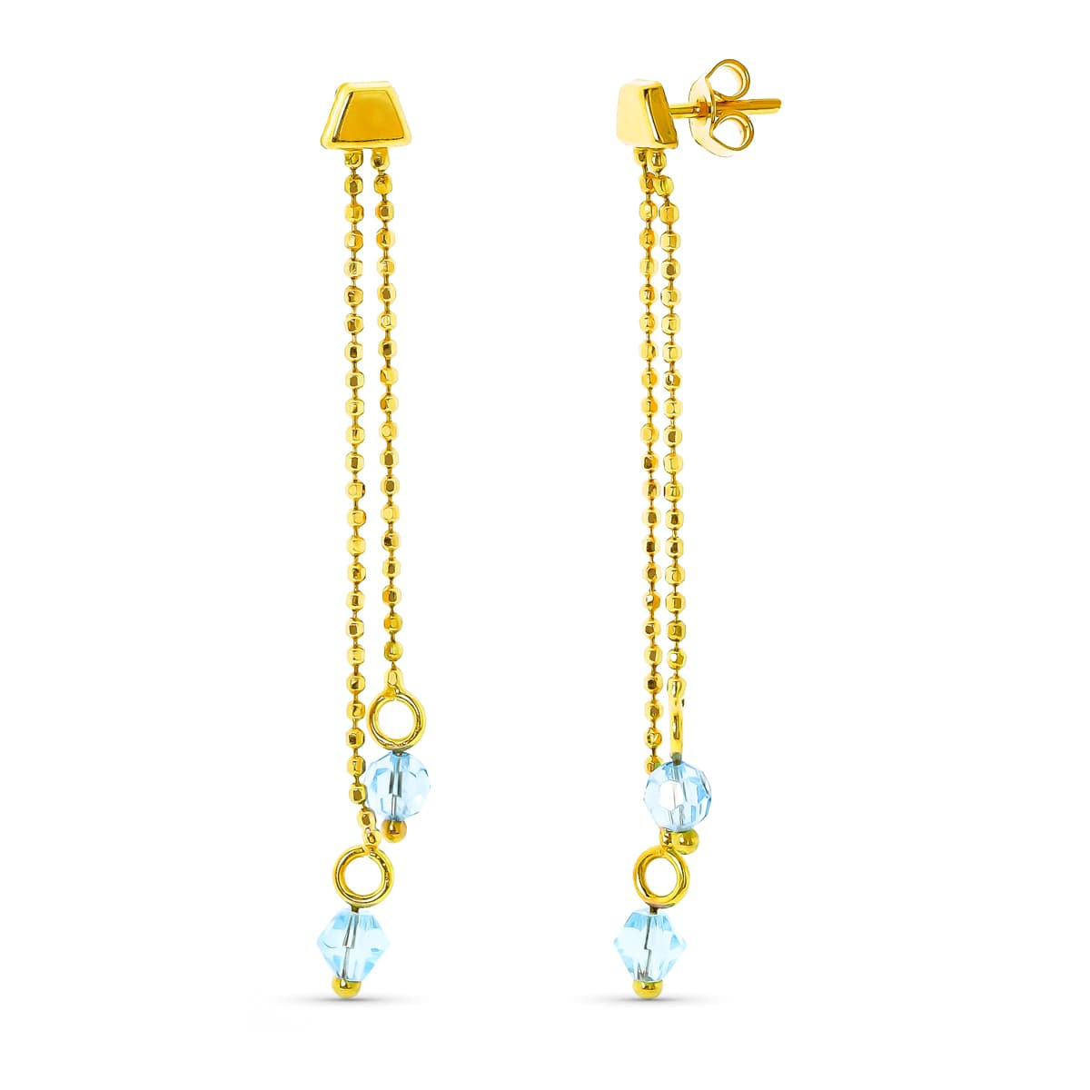 18K PENDIENTES ORO AMARILLO 2 CADENAS CON PIEDRA AGUAMARINA PRESIÓN