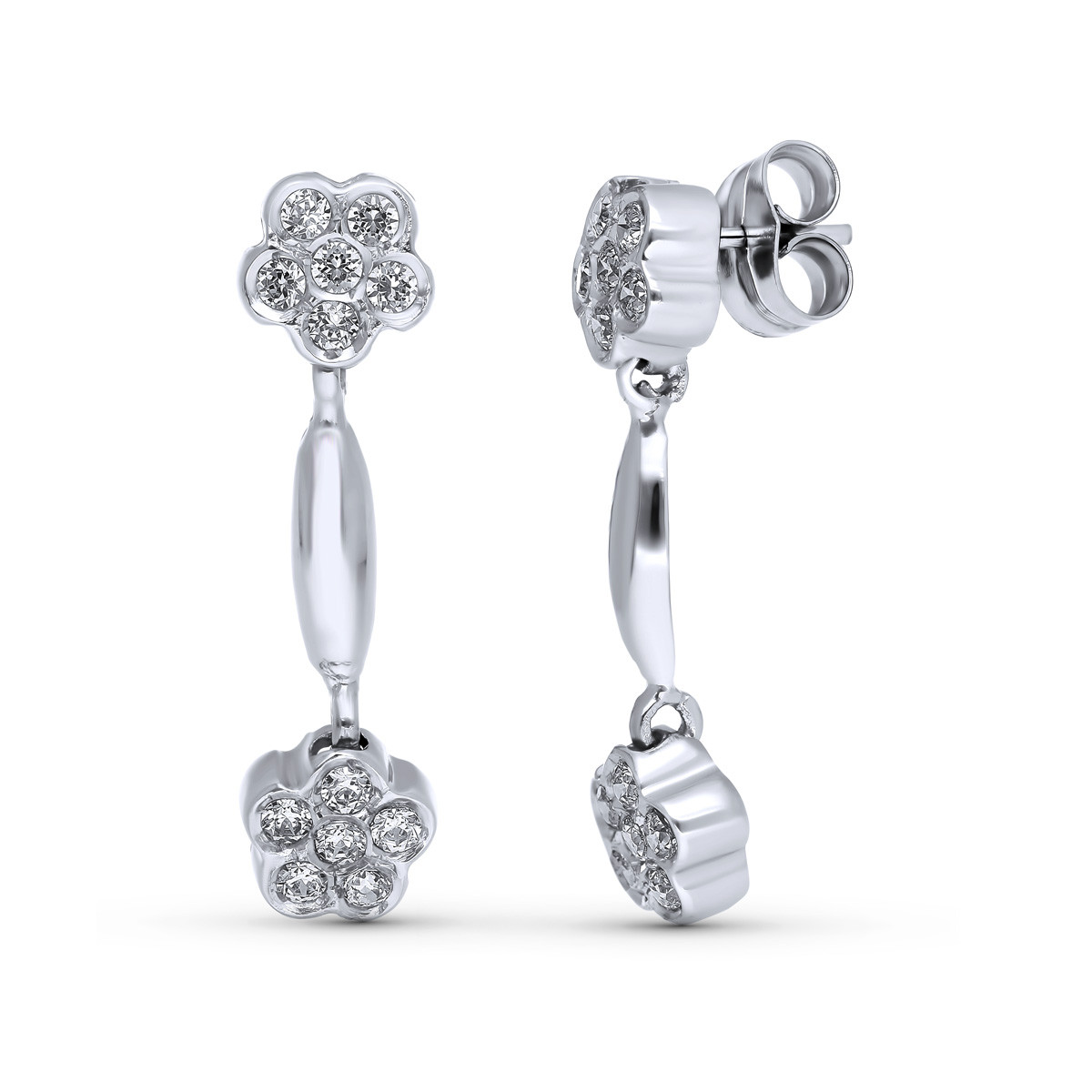 18K PENDIENTES ORO BLANCO LARGOS FLORES 26X7 MM PRESIÓN