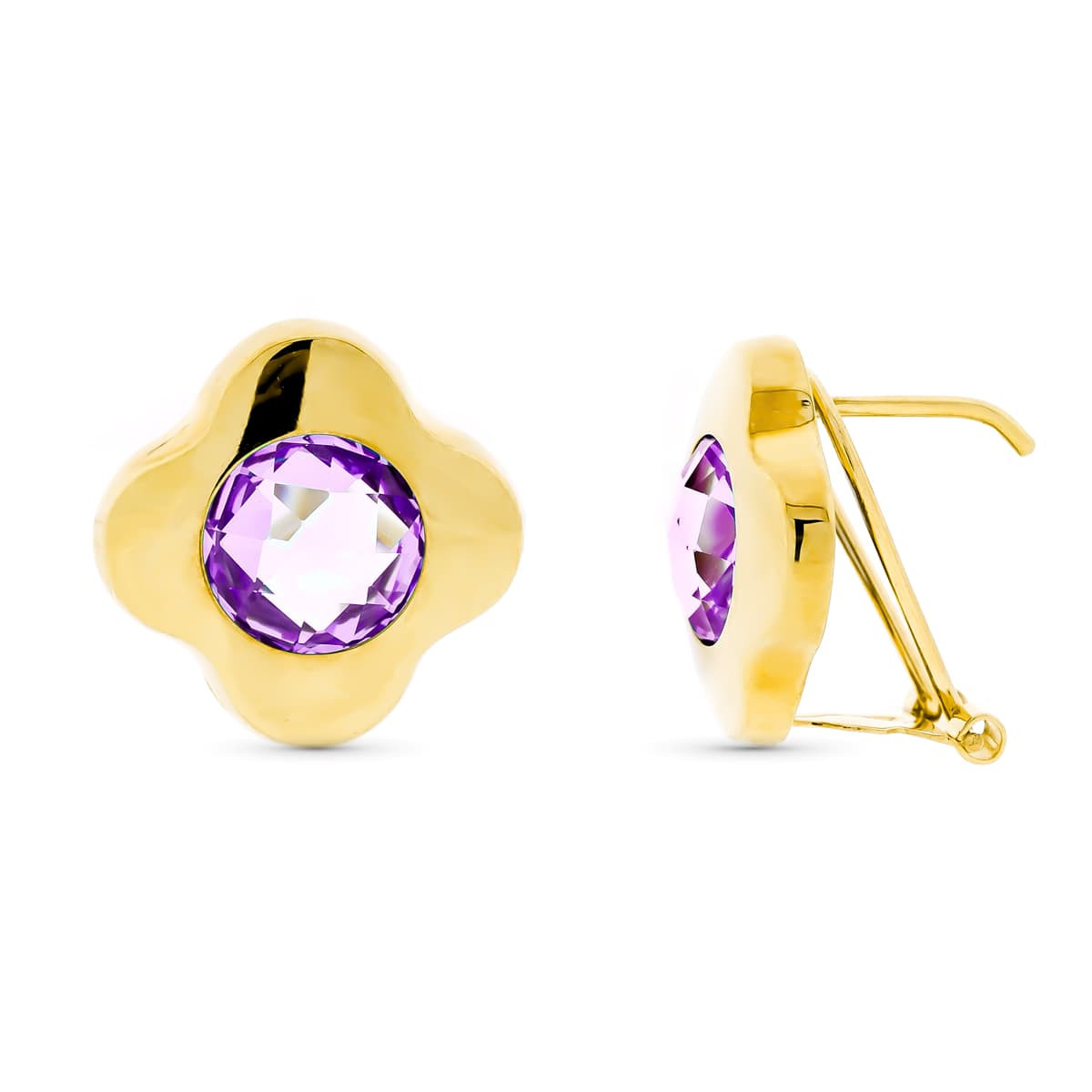 18K PENDIENTES ORO AMARILLO PIEDRA 8 MM AMATISTA 15 MM CIERRE OMEGA