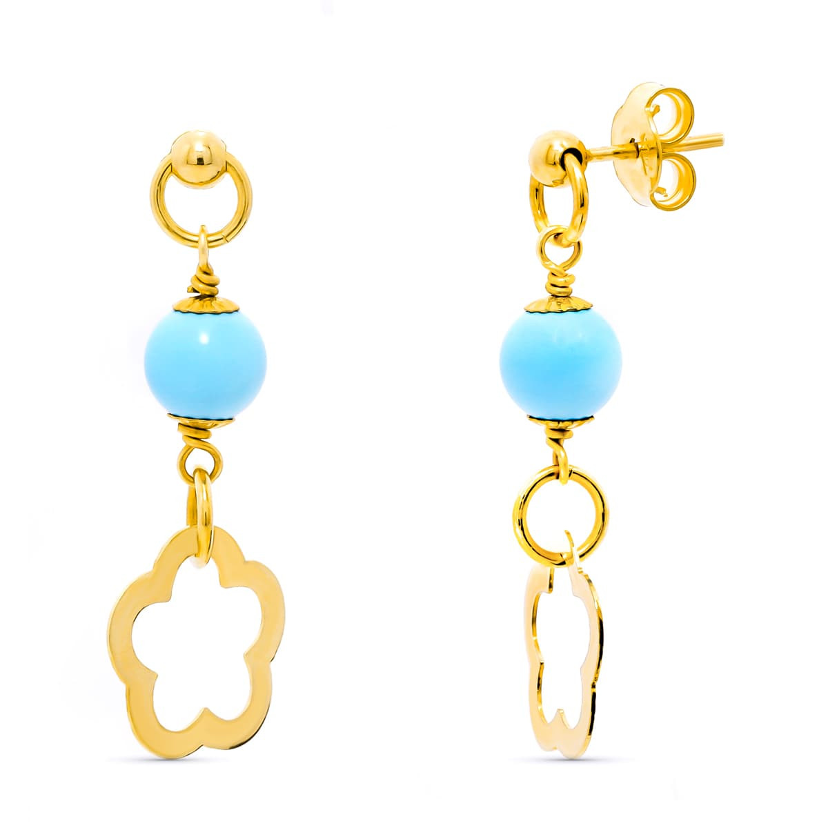 18K PENDIENTES ORO AMARILLO TURQUESA 6 MM FLOR PRESION