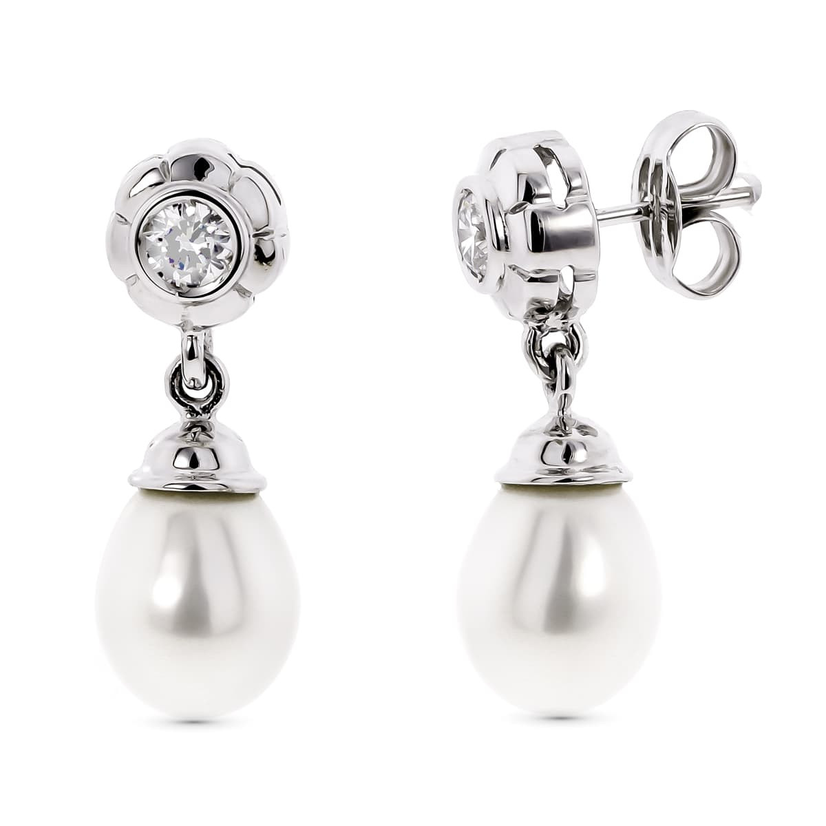 18K PENDIENTES ORO BLANCO PERLA CON CIRCONITA CIERRE PRESION