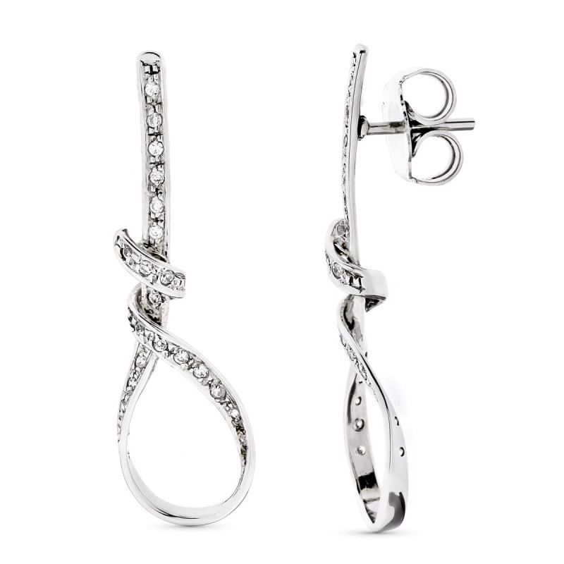 18K PENDIENTES ORO BLANCO LARGOS NUDO CIRCONITA 41X12 MM PRESIÓN