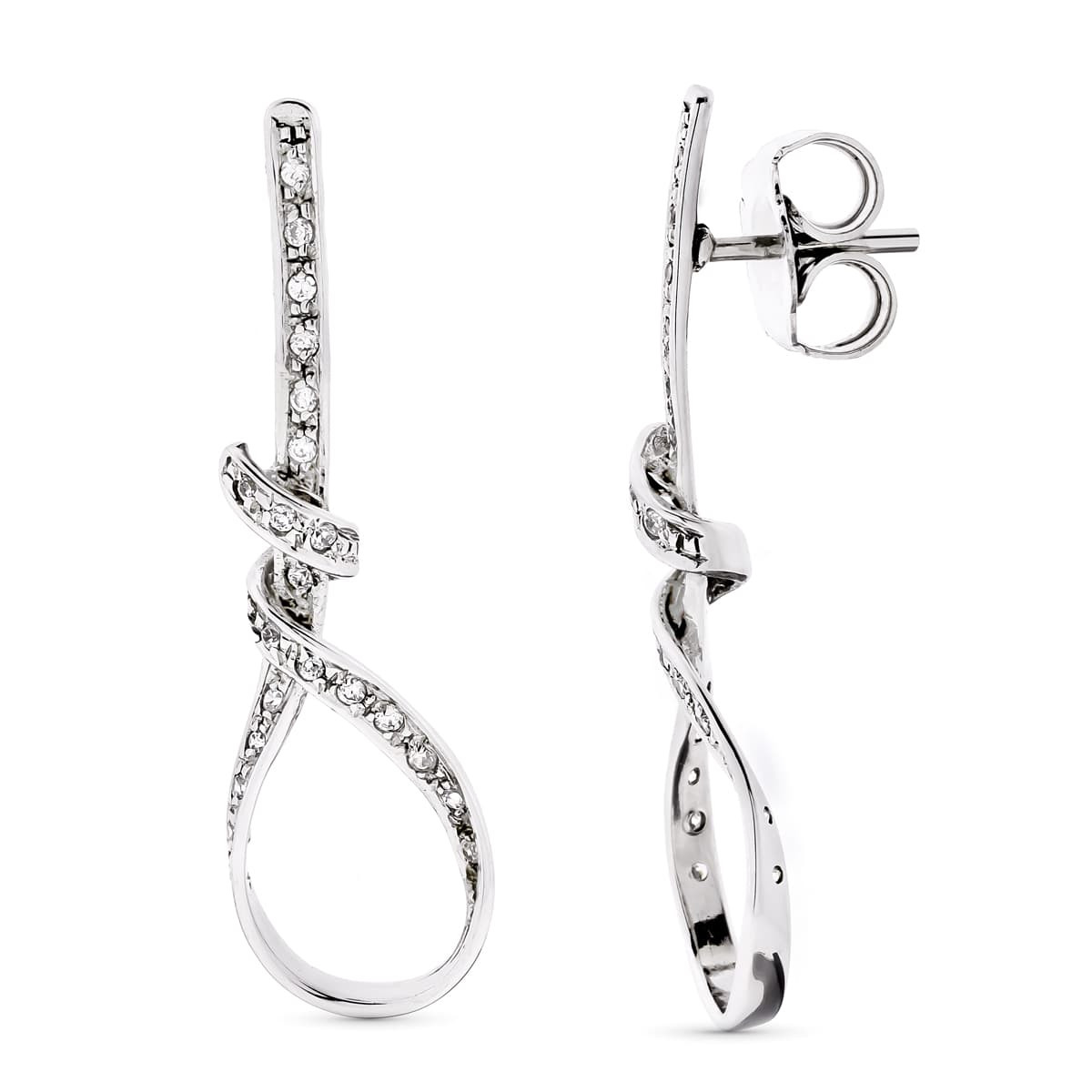 18K PENDIENTES ORO BLANCO LARGOS NUDO CIRCONITA 41X12 MM PRESIÓN