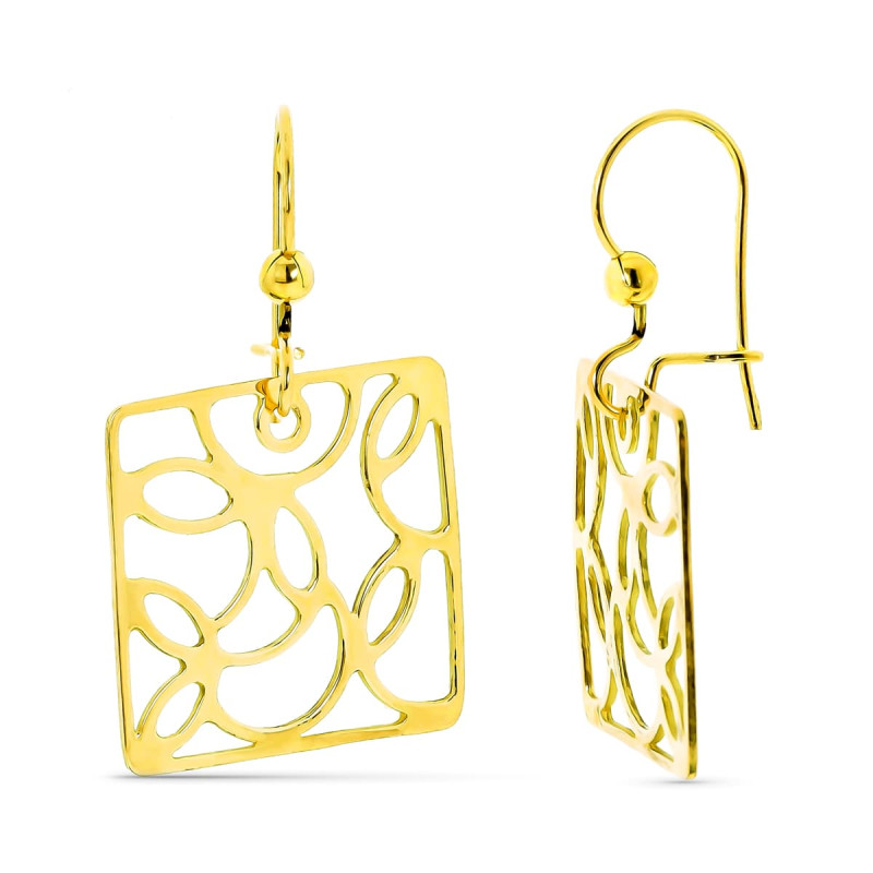 18K PENDIENTES CUADRADOS ORO AMARILLO CALADOS CIERRE GANCHO