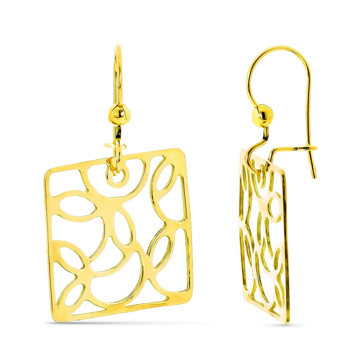 18K PENDIENTES CUADRADOS ORO AMARILLO CALADOS CIERRE GANCHO