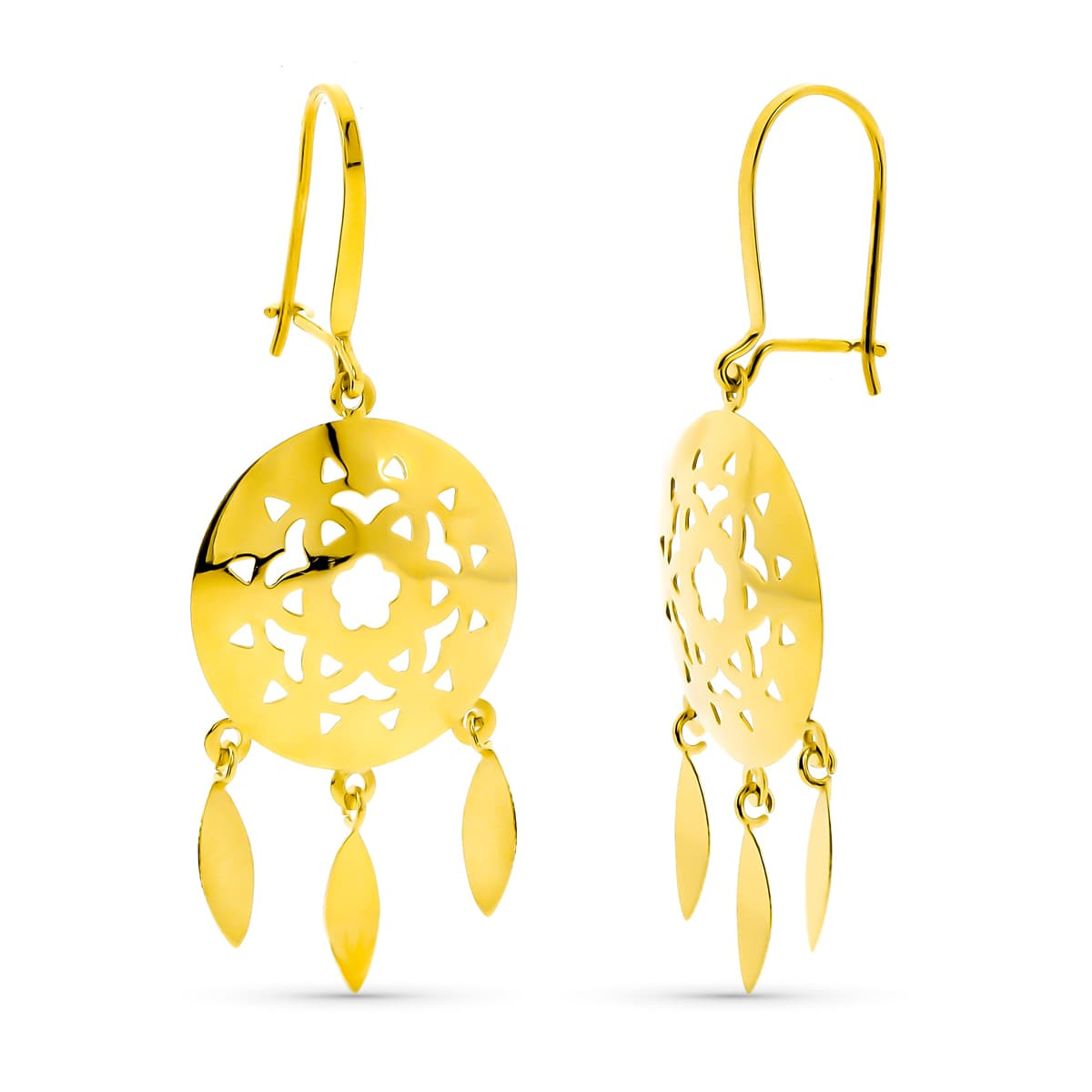 18K PENDIENTES ORO AMARILLO LARGOS CALADOS 3 LAGRIMAS CIERRE GANCHO