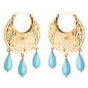 18K PENDIENTES AROS ORO AMARILLO TALLADOS PLANOS CON 3 COLGANTES DE TURQUESA. MEDIDA: 41 X 25 X 2 MM. CIERRE CLIP 18K PENDIENTES AROS ORO AMARILLO TALLADOS PLANOS CON 3 COLGANTES DE TURQUESA. MEDIDA: 41 X 25 X 2 MM. CIERRE CLIP