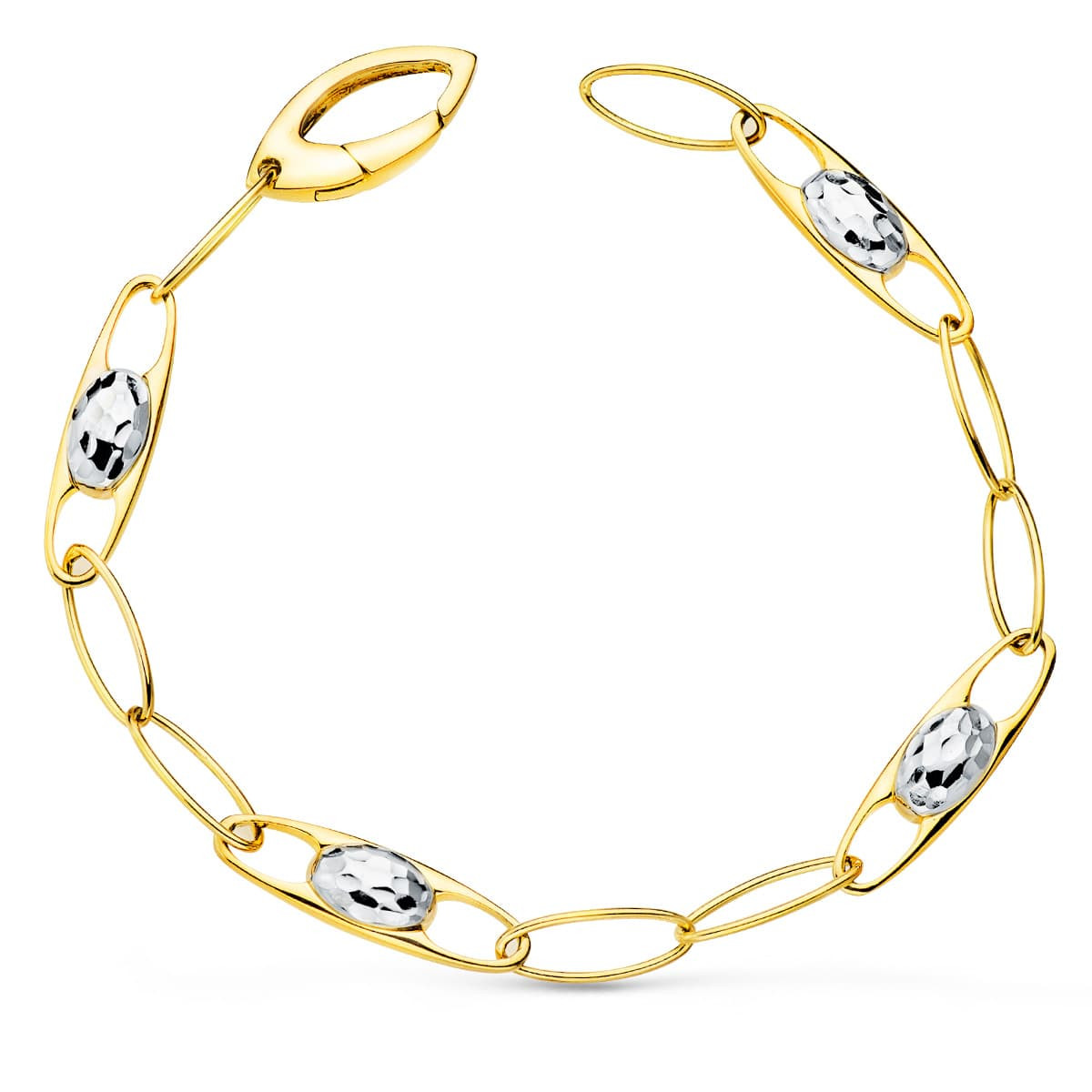18K PULSERA ORO BICOLOR ESLABONES MOTIVOS TALLADOS. ANCHO 6 MM LARGO 19CM