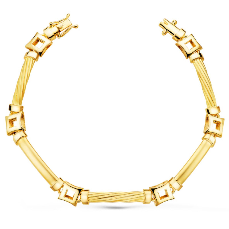 18K PULSERA ORO AMARILLO ESLABONES Y CUADRADOS ANCHO 8 MM LARGO 20CM