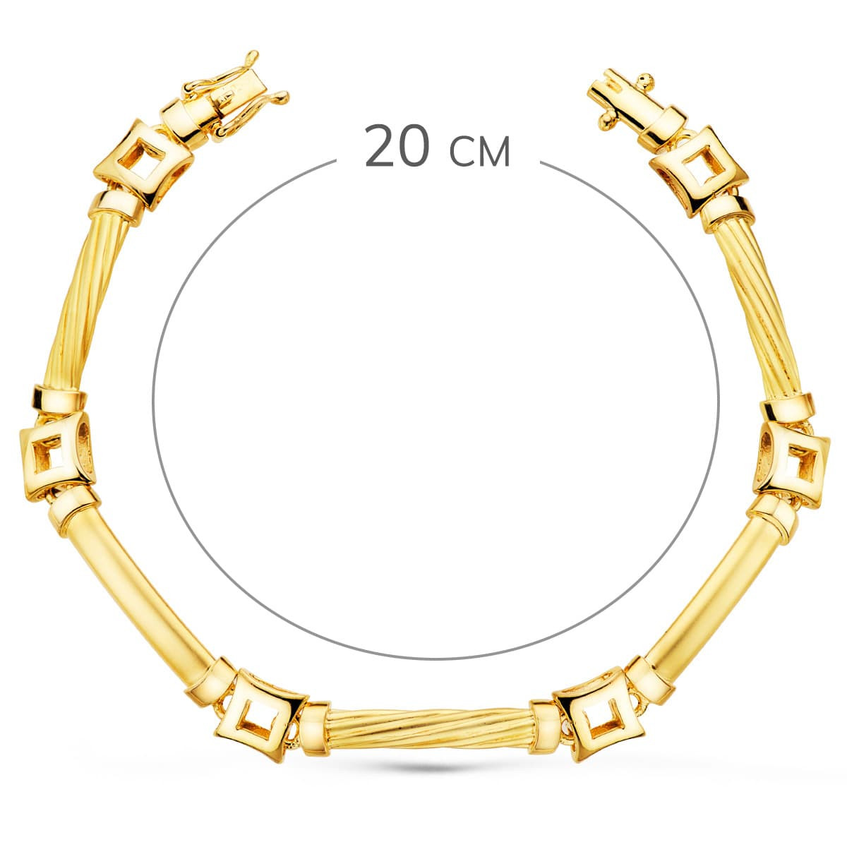 18K PULSERA ORO AMARILLO ESLABONES Y CUADRADOS ANCHO 8 MM LARGO 20CM