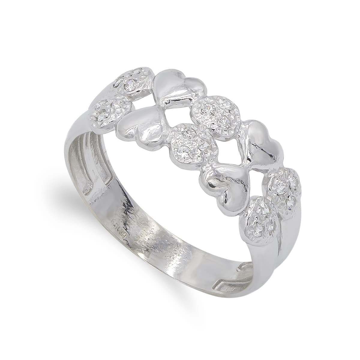 18K SORTIJA ORO BLANCO CORAZONES LISOS Y CIRCONITAS. ANCHO: 8,5 MM