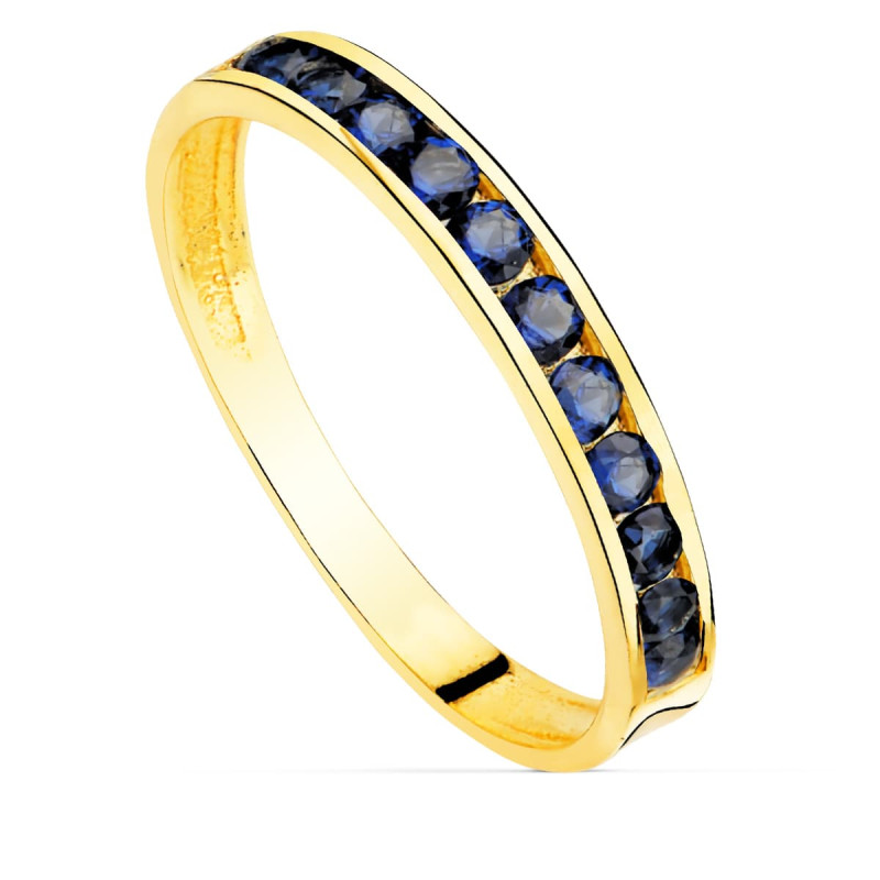 18K SORTIJA ORO AMARILLO CIRCONITA AZULES. ANCHO CUERPO 2,5 MM