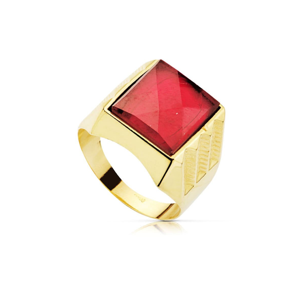 18K SELLO ORO AMARILLO CABALLERO HUECO PIEDRA RUBI SPINEL 14X12 MM