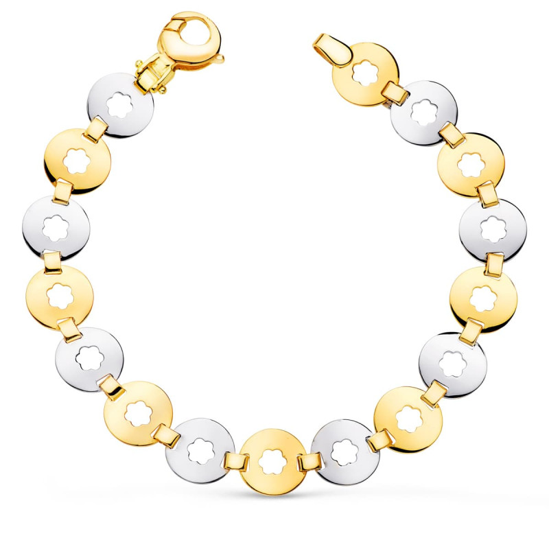 18K PULSERA ORO BICOLOR ESLABONES REDONDOS CON FLOR ANCHO 10 MM LARGO 19CM