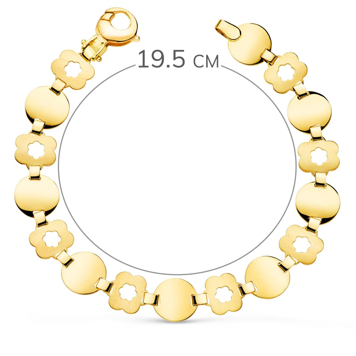 18K PULSERA ORO AMARILLO ESLABON REDONDO Y FLOR MATE ANCHO 10 MM LARGO 19.5CM