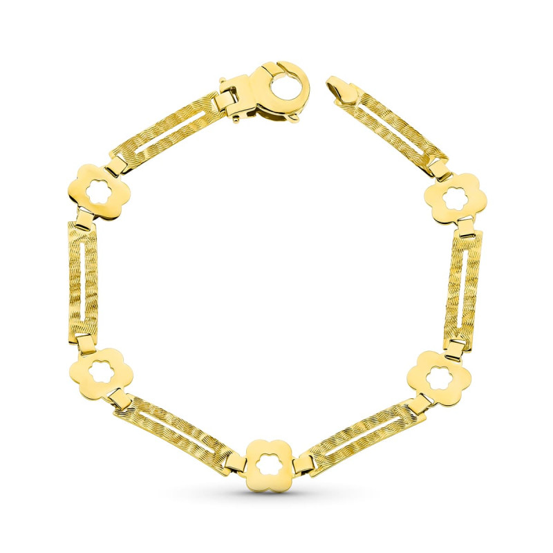 18K PULSERA ORO AMARILLO FLORES Y RECTANGULOS MATE Y BRILLO