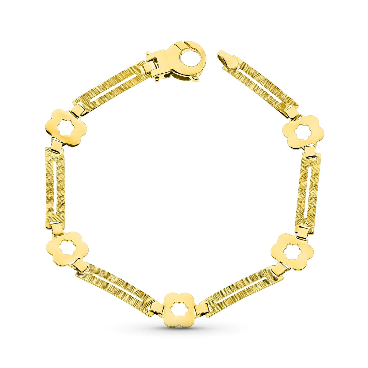 18K PULSERA ORO AMARILLO FLORES Y RECTANGULOS MATE Y BRILLO