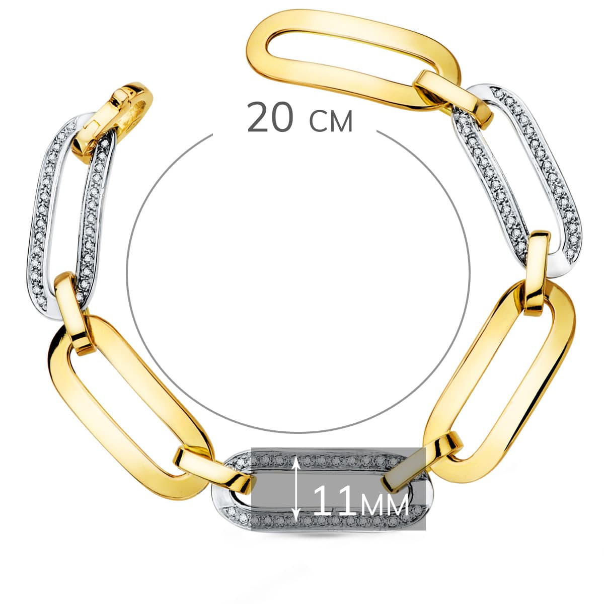 18K PULSERA ORO BICOLOR ESLABONES REDONDOS ANCHO 11 MM LARGO 20CM