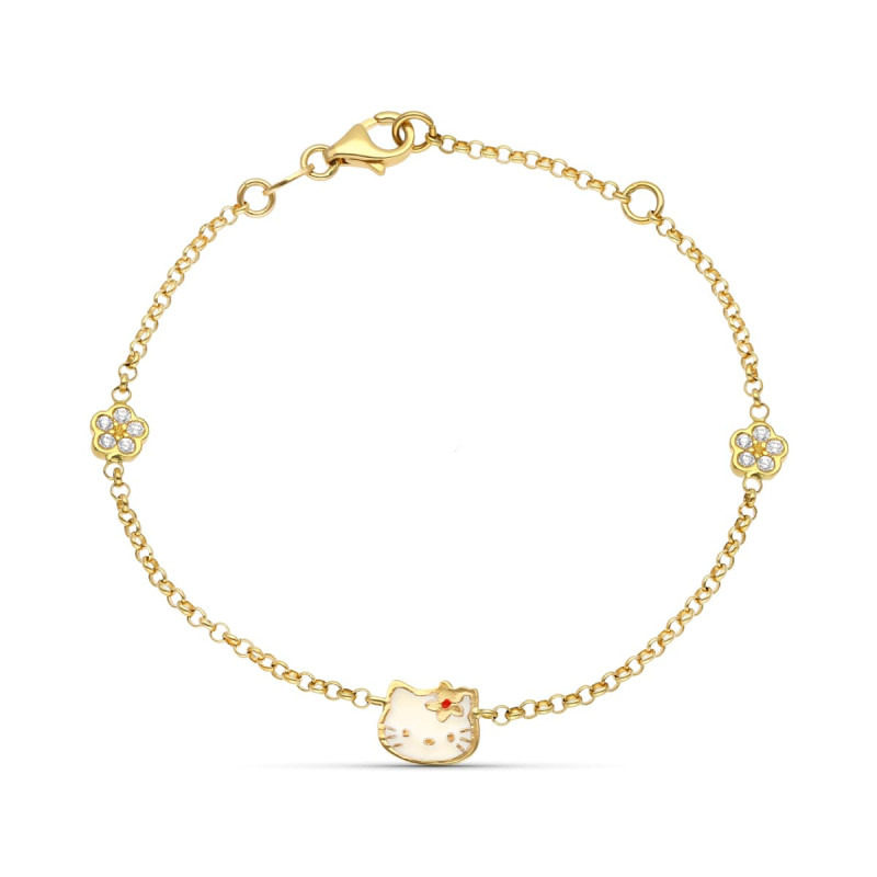 18K PULSERA ORO AMARILLO ESMALTE GATO Y FLOR CIRCONITA 18CM