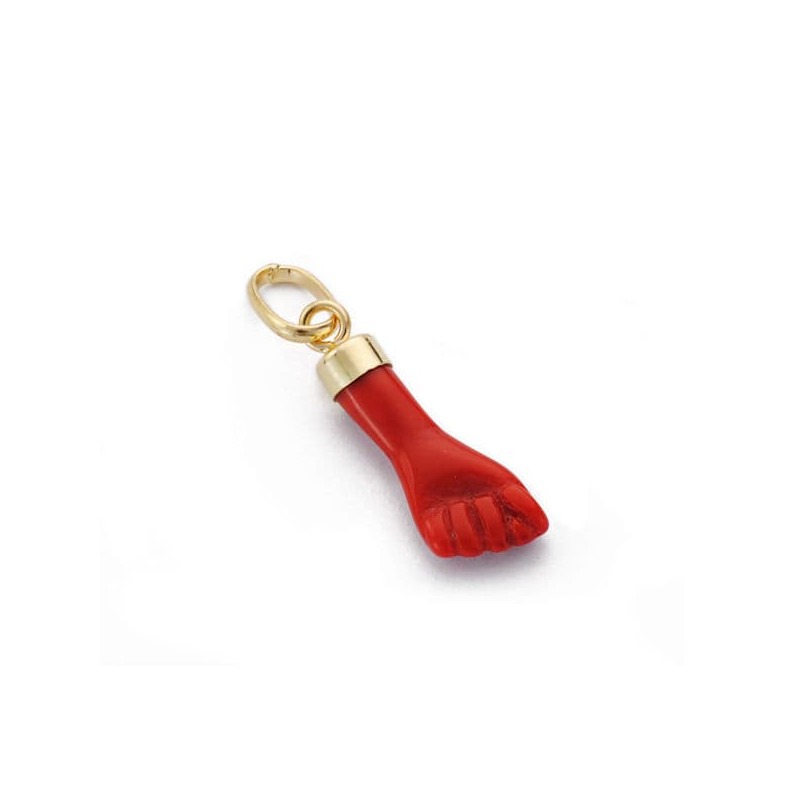 18K COLGANTE ORO AMARILLO HIGA PUÑO MANO PEQUEÑA ROJA CORALINA 17X5.5 MM