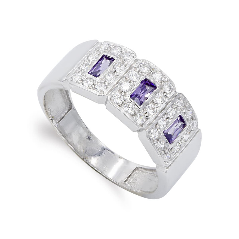 18K SORTIJA ORO BLANCO CON CIRCONITA COLOR AMATISTA Y BLANCAS. ANCHO: 8,5 MM