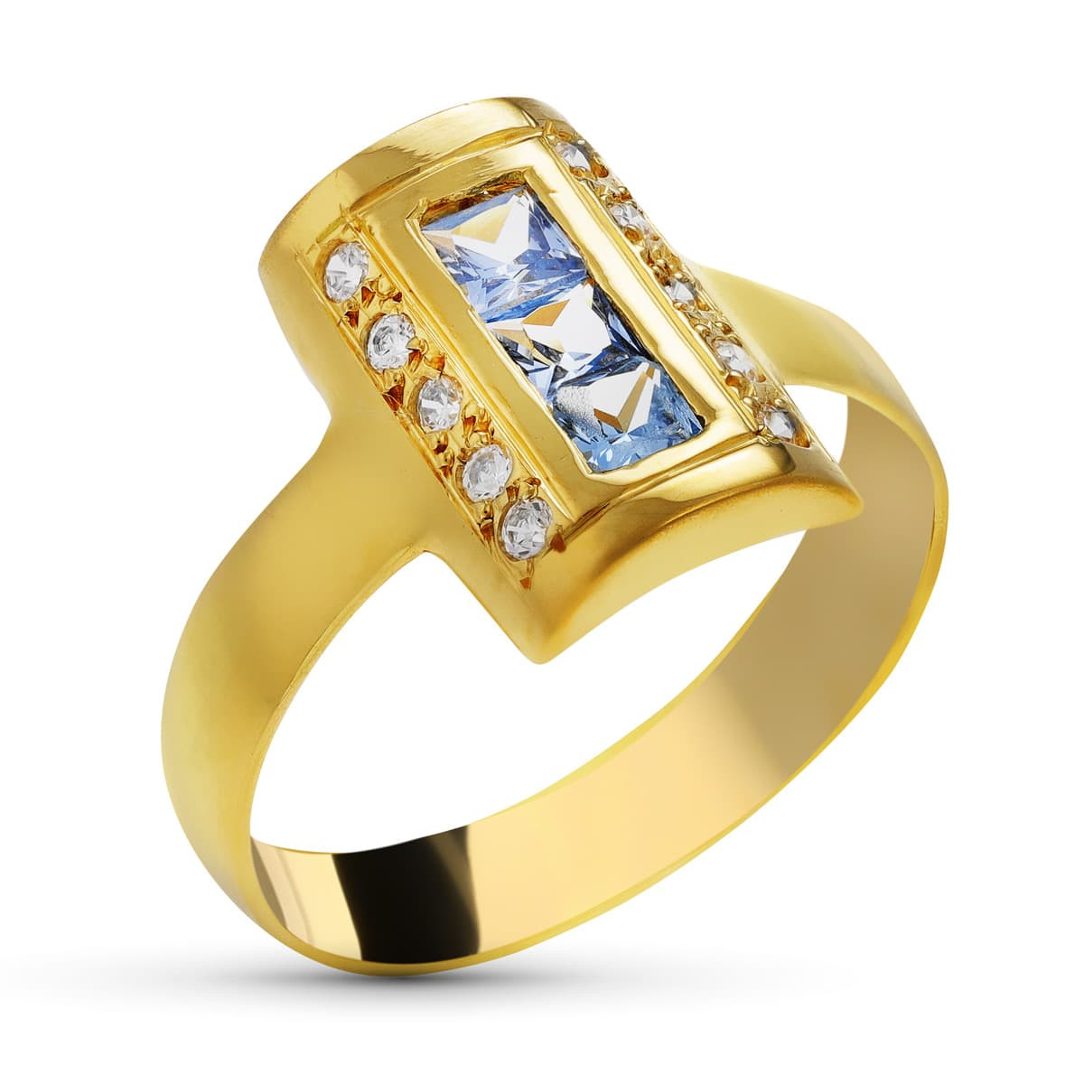 18K SORTIJA ORO AMARILLO LANZADERA CON CIRCONITA AZULES. ANCHO: 14 MM