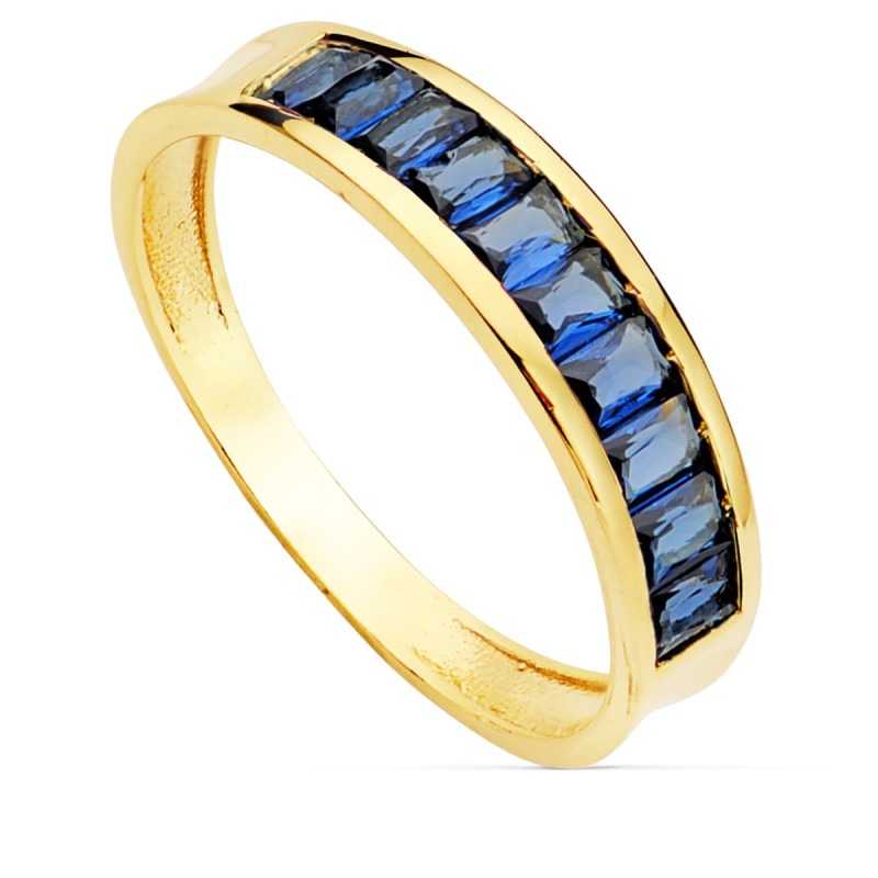 18K SORTIJA ORO AMARILLO CIRCONITAS  AZULES TALLA BAGUETTE. ANCHO 4,5 MM