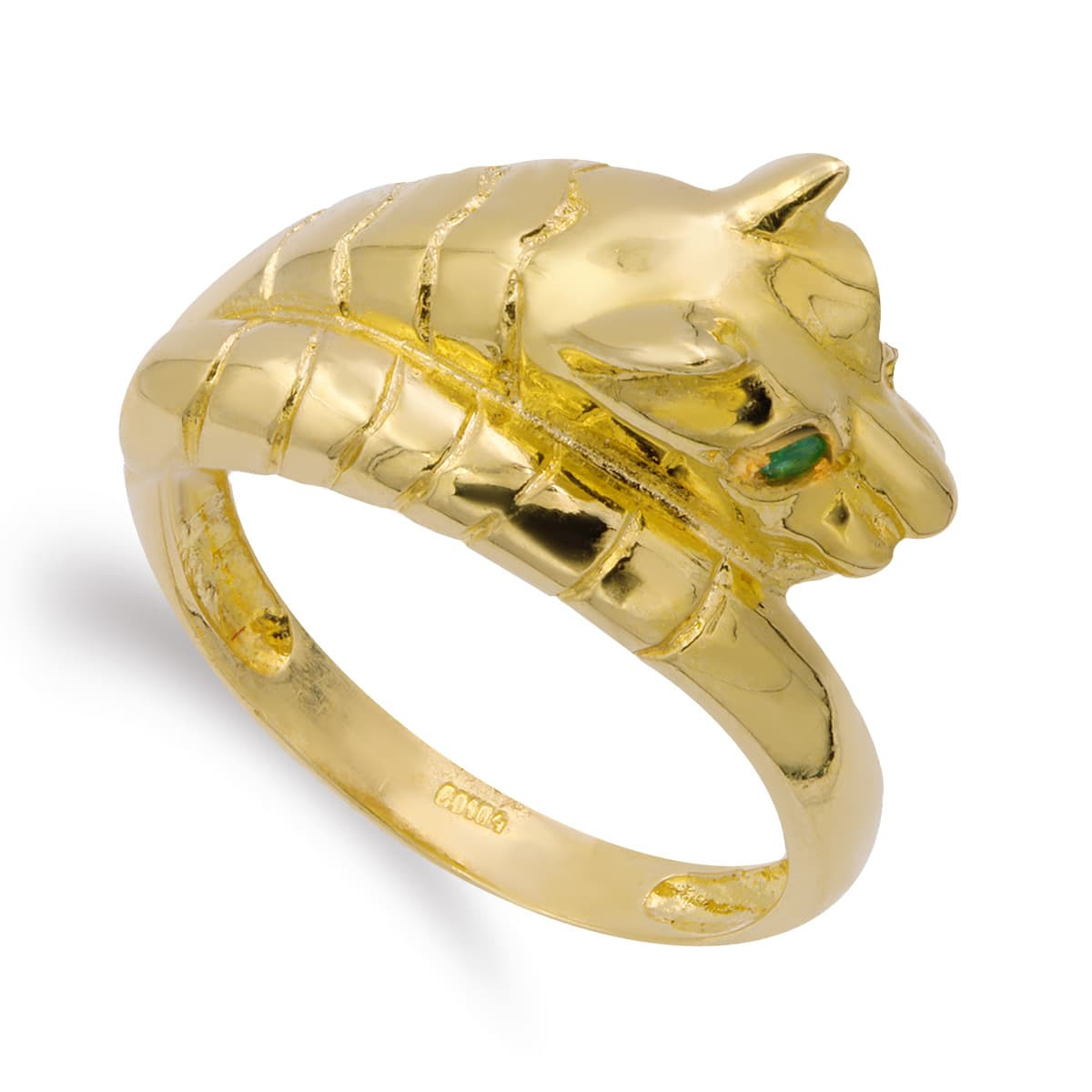 18K SORTIJA ORO AMARILLO CABEZA PUMA OJOS ESMERALDA