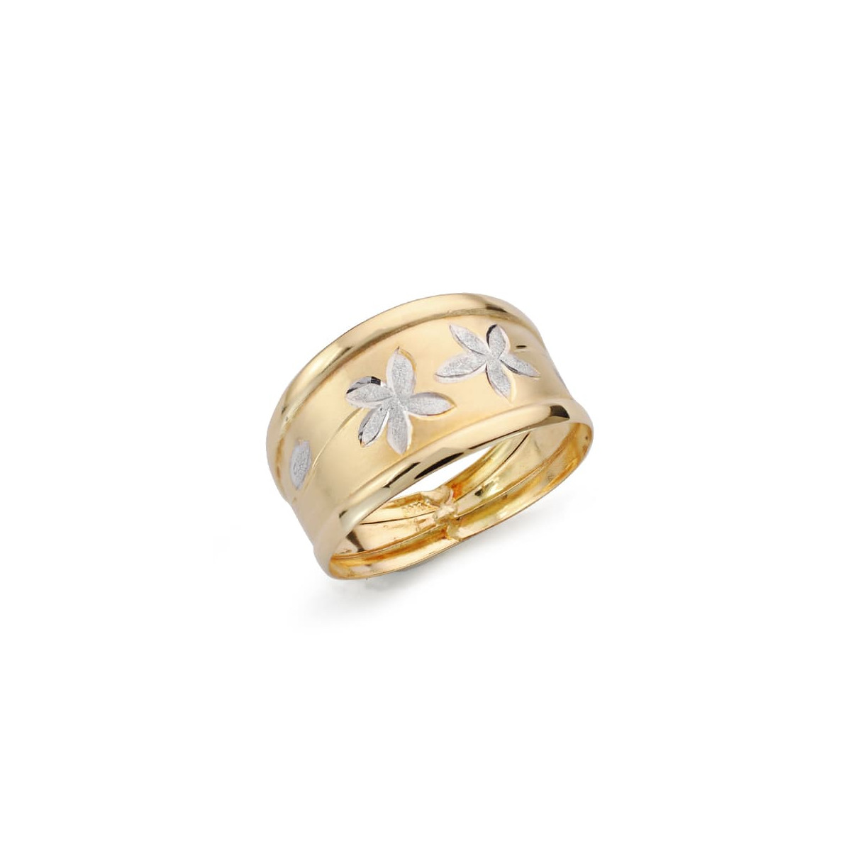18K SORTIJA ORO BICOLOR MATIZADA CON FLORES DIAMANTADAS. ANCHO: 13,5MM
