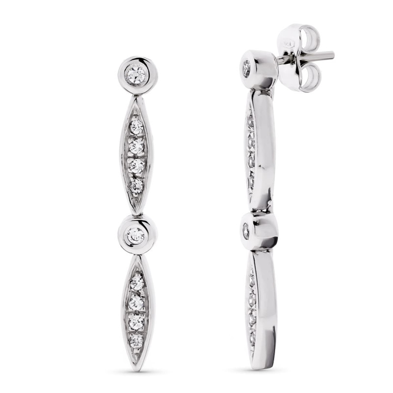 18K PENDIENTES ORO BLANCO LARGOS CIRCONITA 30X4 MM CIERRE PRESION