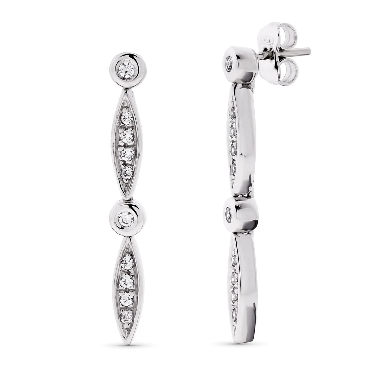 18K PENDIENTES ORO BLANCO LARGOS CIRCONITA 30X4 MM CIERRE PRESION